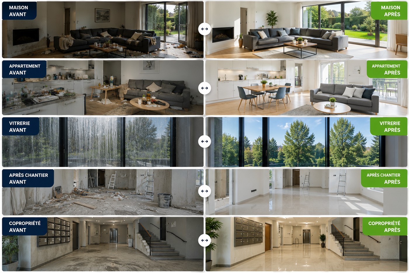 Comparatifs avant / après Magic Clean : maison, appartement, vitrerie, chantier, copropriété